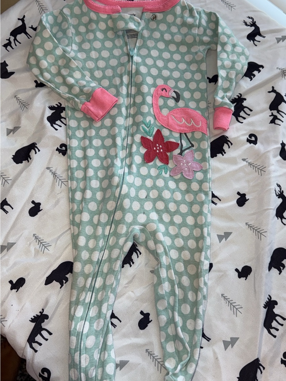 Carter's Mint Polka Dot Flamingo Footed One-Piece with Pink Trim